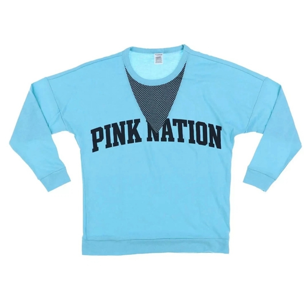 Victora Secret PINK Nation Blue Fleece Sweatshirt Mesh V Neck